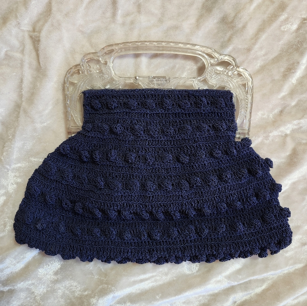 Navy Crochet Handbag with Clear Handle